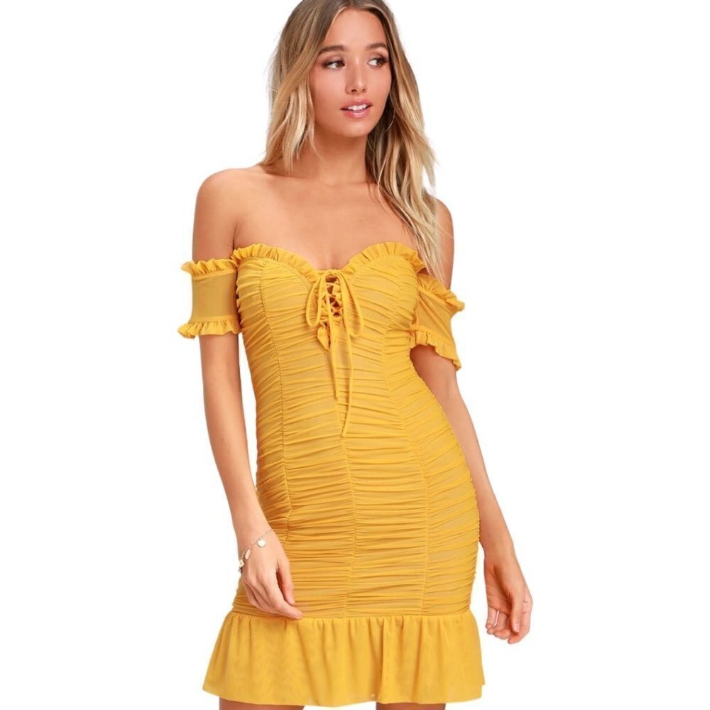 LULUS Dress Womens Size L Mustard Yellow Ruched Off-the-Shoulder Bodycon